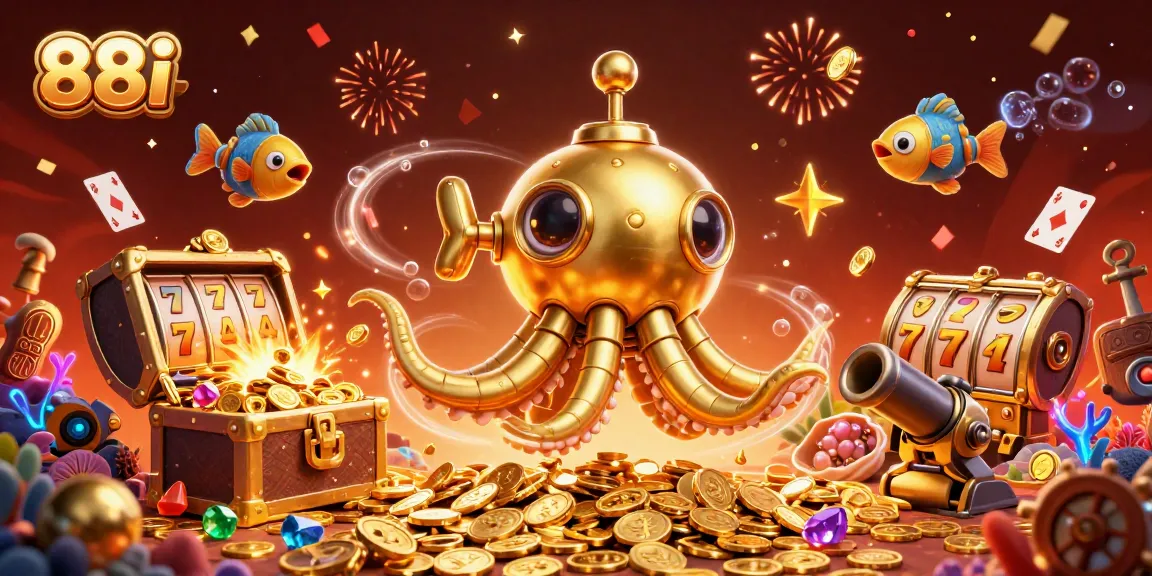 Experience the thrill of 88i with a colorful 3D jackpot scene featuring a golden kraken and slot elements.