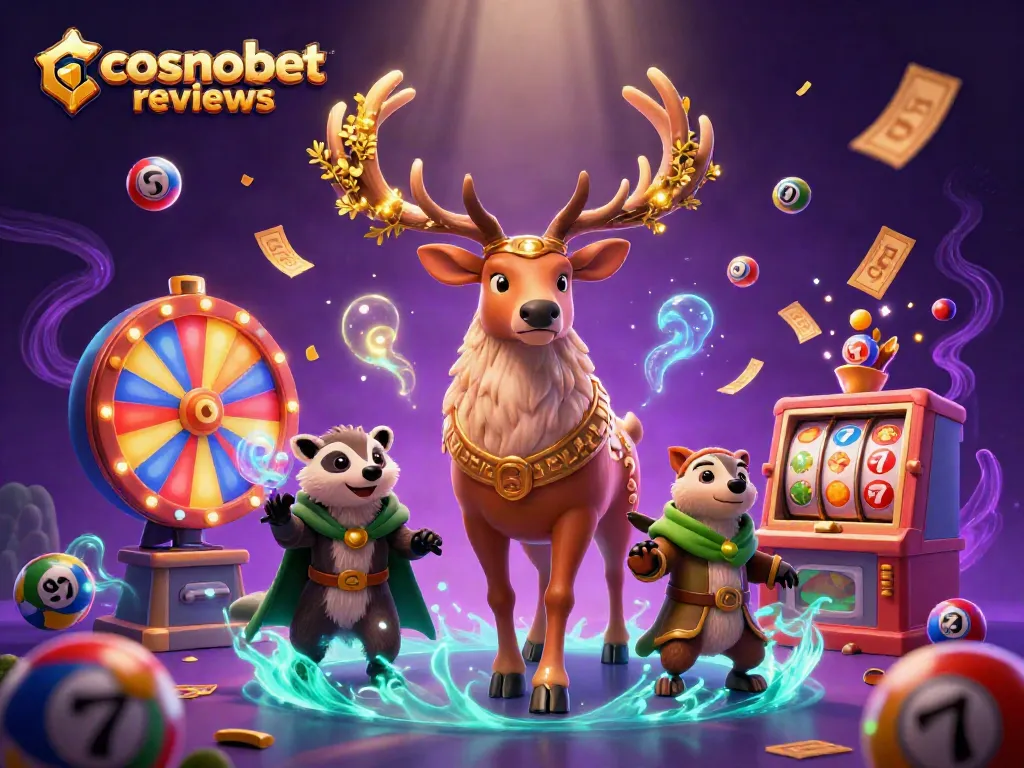 Experience cosmobet reviews with this vibrant 3D illustration of gaming elements and characters.