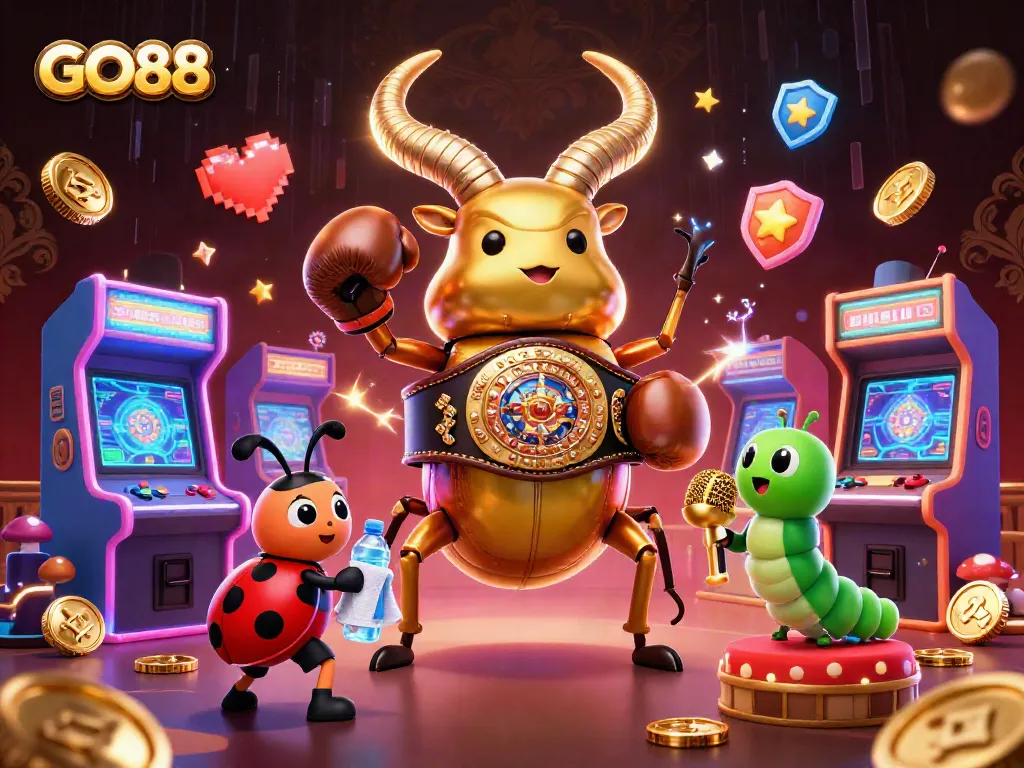 GO88 offers thrilling gameplay with a giant stag beetle in a boxing ring, symbolizing excitement and competition.