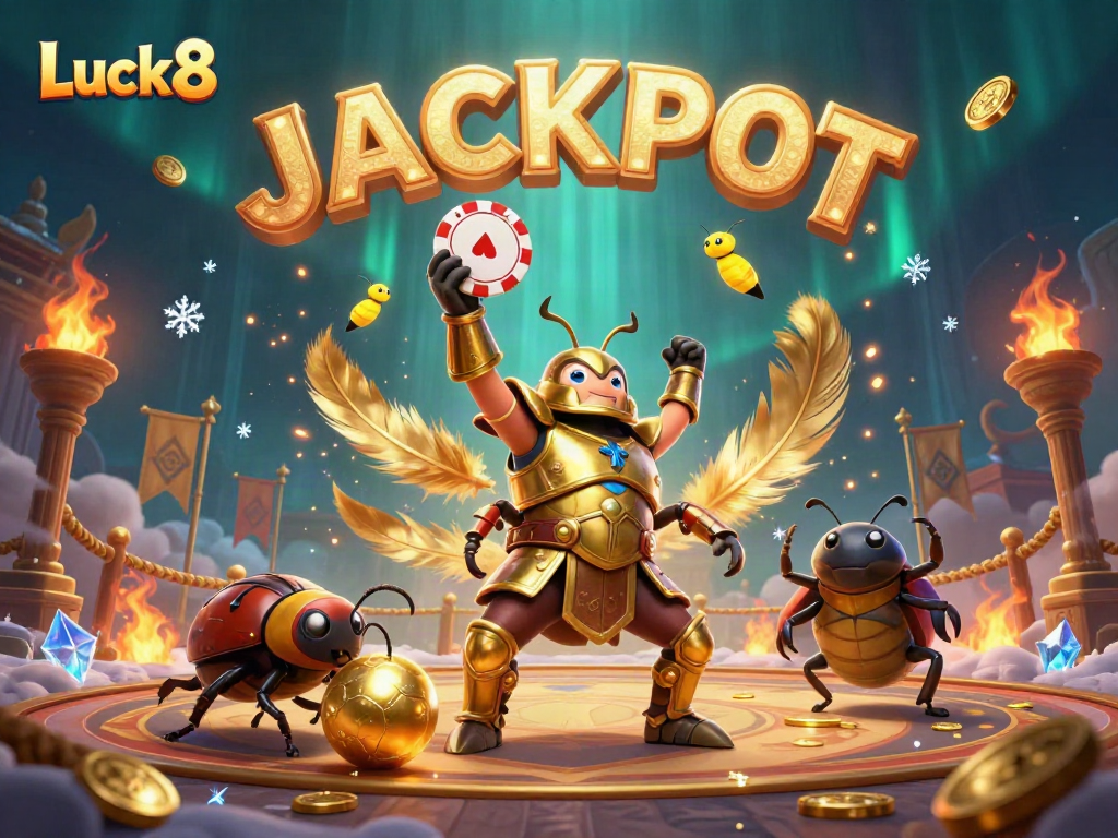 Win big with Luck8 as the victorious hercules beetle lifts a poker chip in this exciting gambling scene.