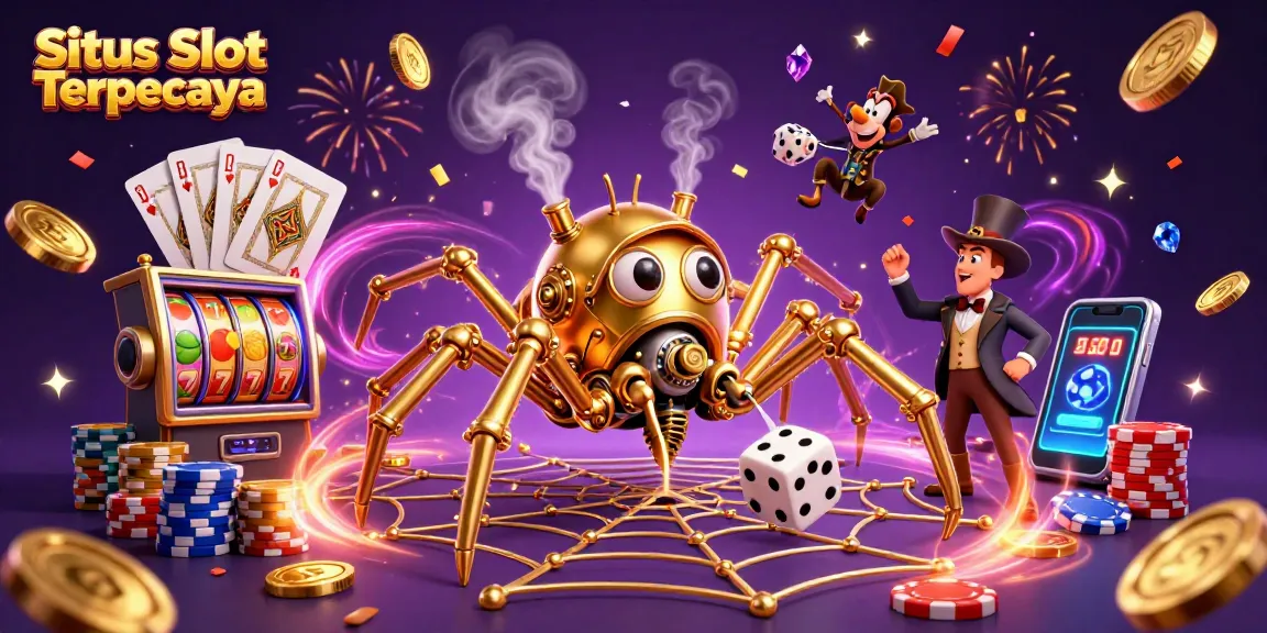 Cascading coins and slot machine reels represent Situs Slot Terpercaya with vibrant gaming elements.