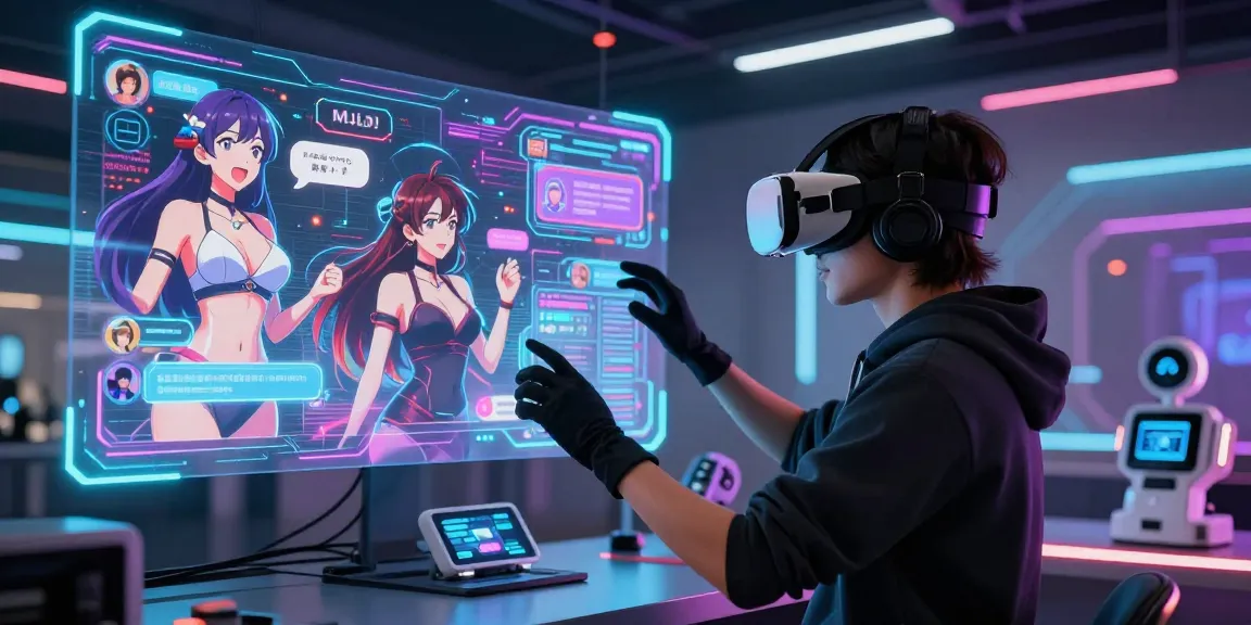 Engaging AI chat hentai interaction in futuristic virtual reality setting showcasing lifelike characters and vibrant holograms.