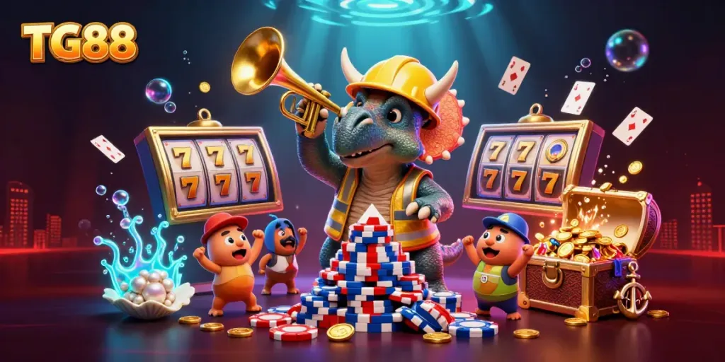 TG88 showcases a vibrant celebration of poker chips and golden elements in a dynamic casino scene.