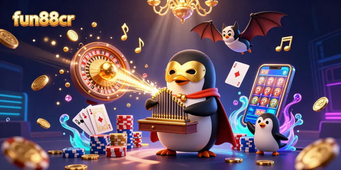 Experience fun88cr action with a whimsical penguin organist, golden coins, and acrobat magic!
