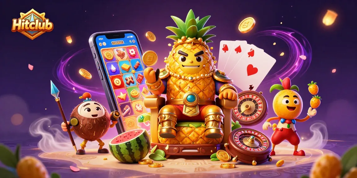 Hitclub casino features a golden pineapple king and vibrant gaming elements set in a tropical paradise.
