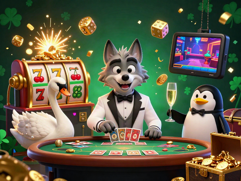 Xem bóng đá xoilac tv displayed in a dynamic 3D casino scene with vibrant characters and gambling elements.
