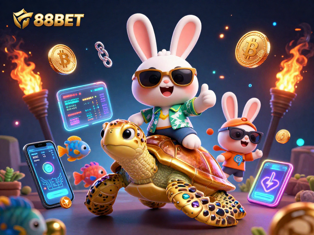 Experience F88BET with a lively lucky rabbit and golden turtle in a vibrant casino scene.