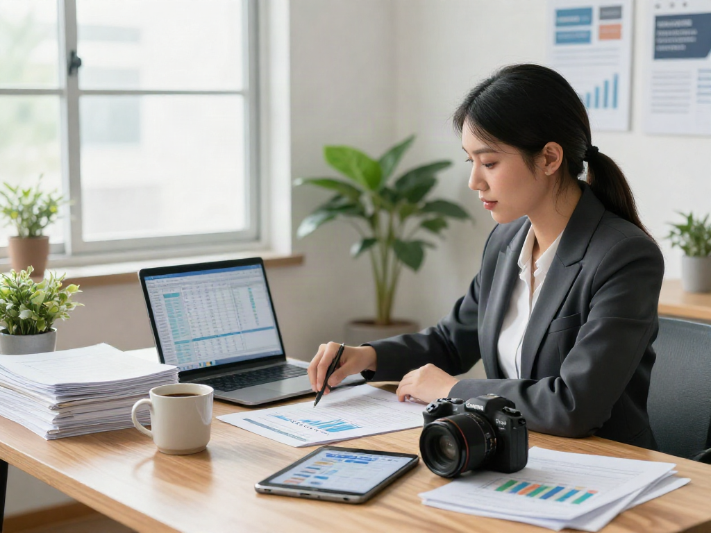 Young professional analyzing financial documents, planning deposit 10k strategies in a modern workspace.