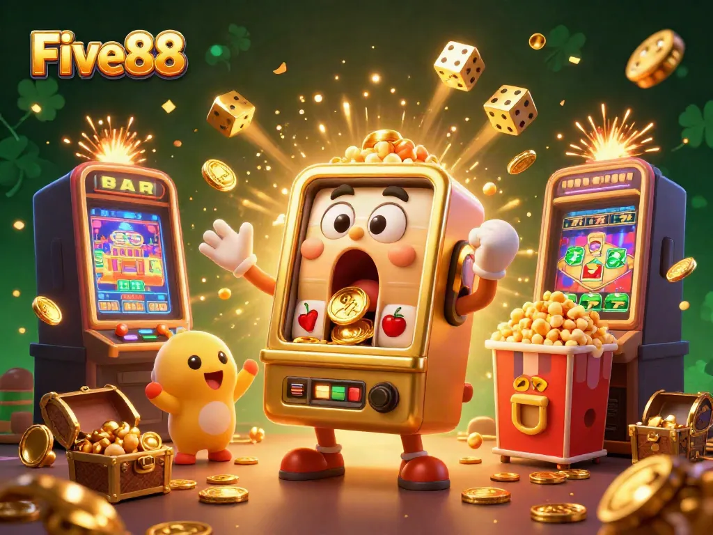 Five88 slot machine celebrates hitting the jackpot with coins exploding, surrounded by cheering baby slots and vibrant casino elements.
