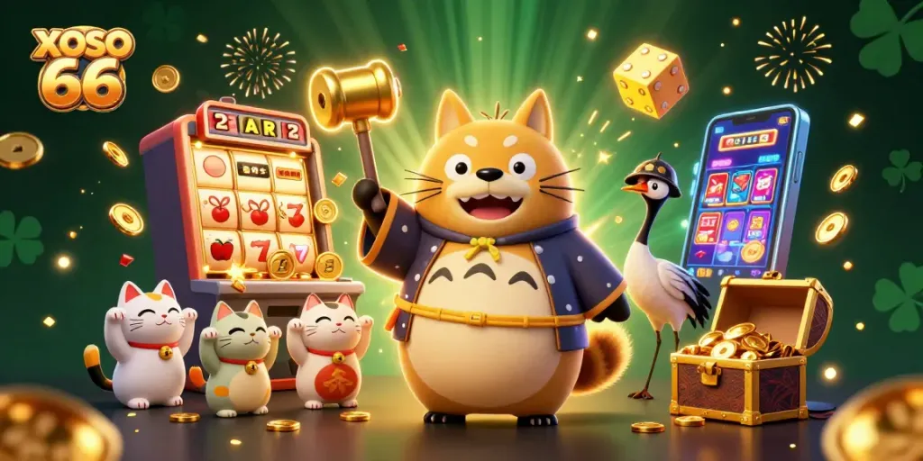 XOSO 66 players spinning fortunes at a vibrant 3D casino halls, featuring lucky symbols and joyful characters.