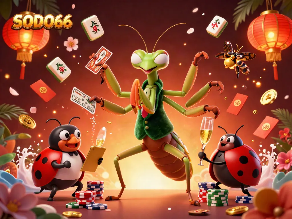 SODO66 engages players in a vibrant, festive casino scene with a giant praying mantis card sharp and captivating elements.