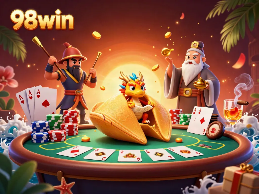 Engage in thrilling poker action at 98win with vibrant casino elements and a magical scene.