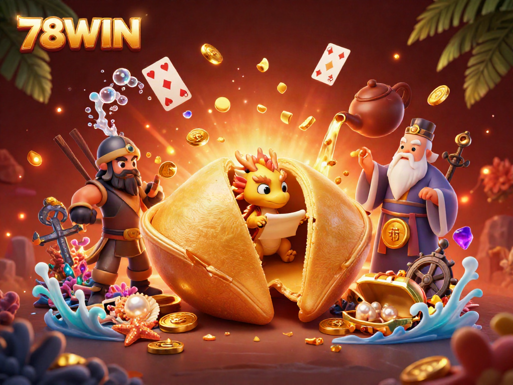Engage with 78WIN's thrilling gaming world featuring golden fortune cookie characters amidst vibrant casino elements
