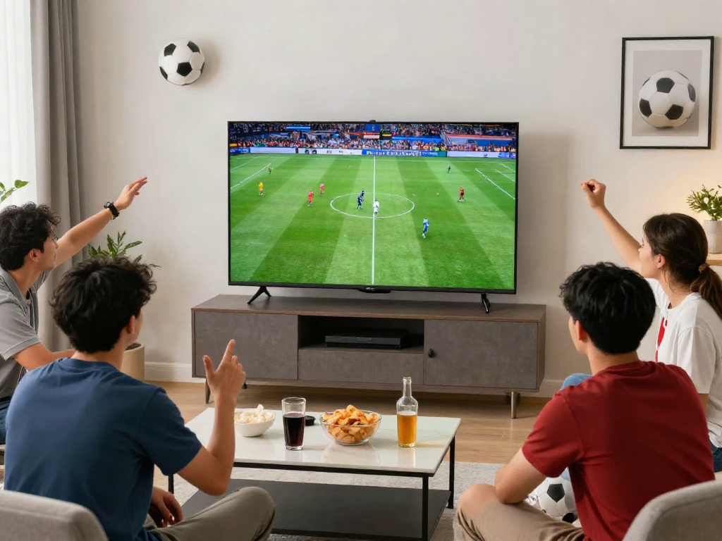 Friends enjoying a lively football match streaming on Socolive with snacks and drinks, capturing excitement.