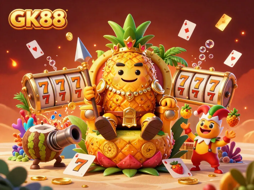 Engage with GK88 at a vibrant beach-themed casino with golden characters and gambling elements.