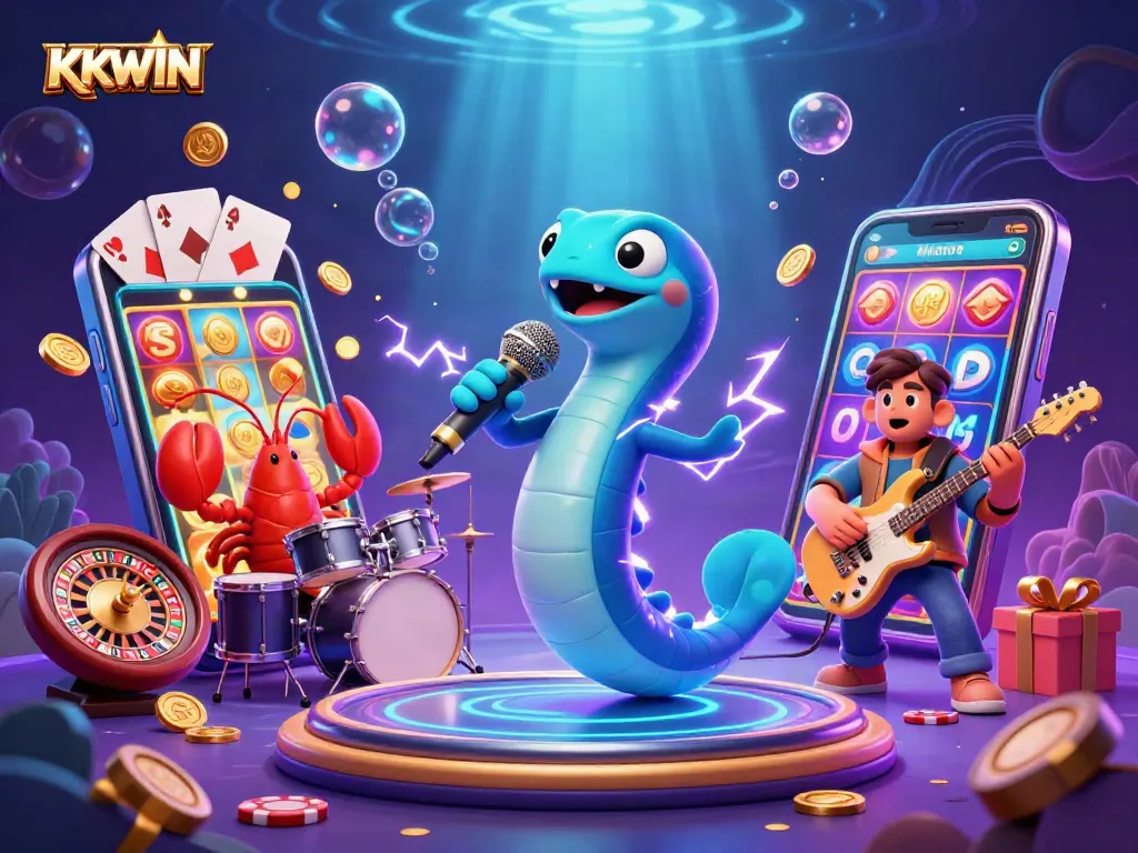 Experience the thrill of KKWIN with a vibrant 3D underwater casino scene featuring a DJ eel and band.