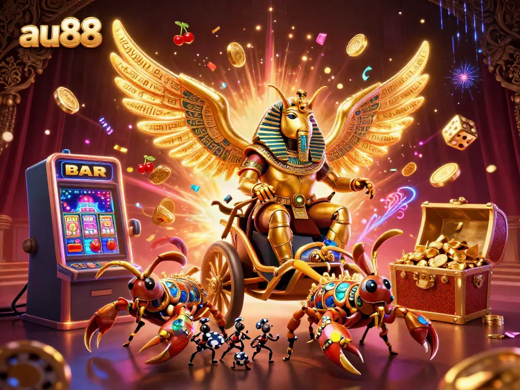 Spin the reels at au88 with golden scarabs and scorpions amidst jackpot celebrations.