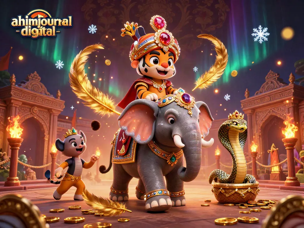 Engage in the vibrant world of ahimajournal-digital with a colorful casino scene showcasing a regal tiger riding an elephant.
