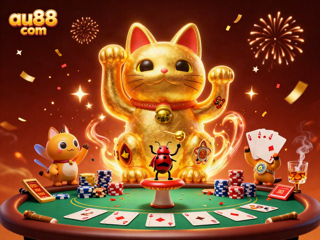 Experience thrill with au88 com as golden fireflies and a lucky cat bring casino magic alive!