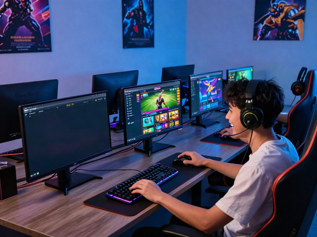 Exciting gaming setup featuring a gamer immersed in the fb88 platform with multiple screens and colorful LED lighting.