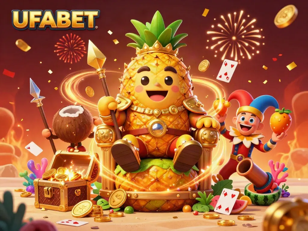 Experience UFABET's vibrant beach casino with a golden pineapple king, treasure chests of gold, and lively characters!
