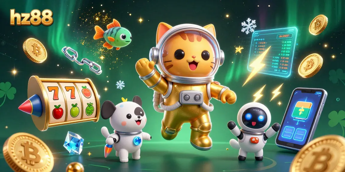 Spin to win at hz88 with colorful slots, a gleaming golden astronaut cat, and a lively gambling scene.