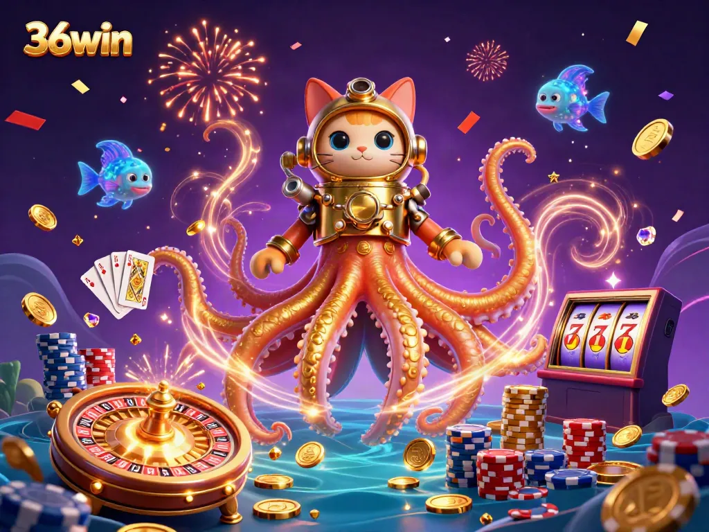 Experience excitement with the kraken and diving cat at 36win's vibrant casino scene.