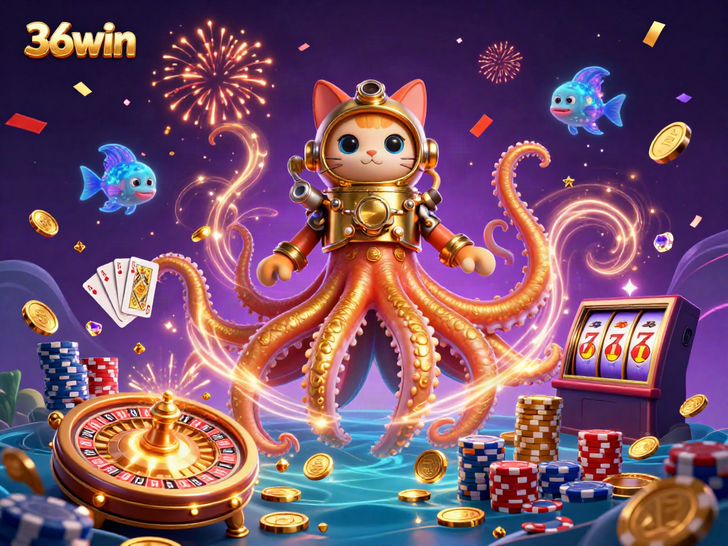 Experience excitement with the kraken and diving cat at 36win's vibrant casino scene.