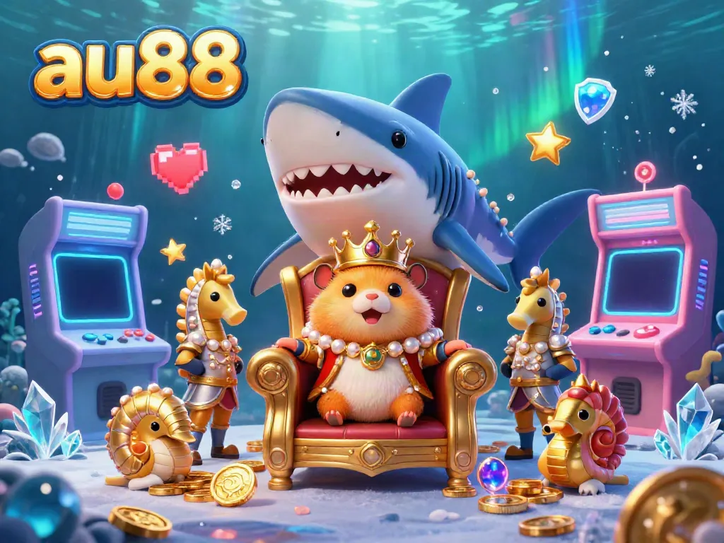 Experience the vibrant gaming world of au88 with a golden hamster king and colorful arcade elements.