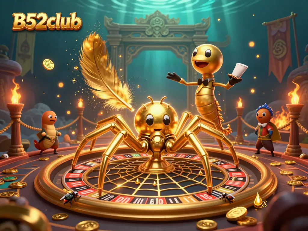 Engage in thrilling betting at B52club's roulette wheel, featuring a golden spider and dynamic elements.