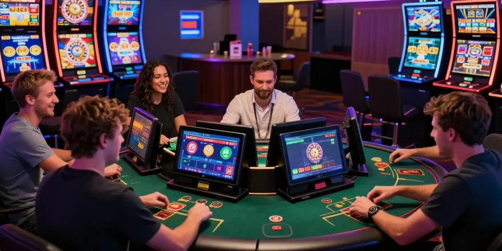 Exciting online gaming at https://h19gene.com/ with friends enjoying poker and roulette in a vibrant virtual casino atmosphere.