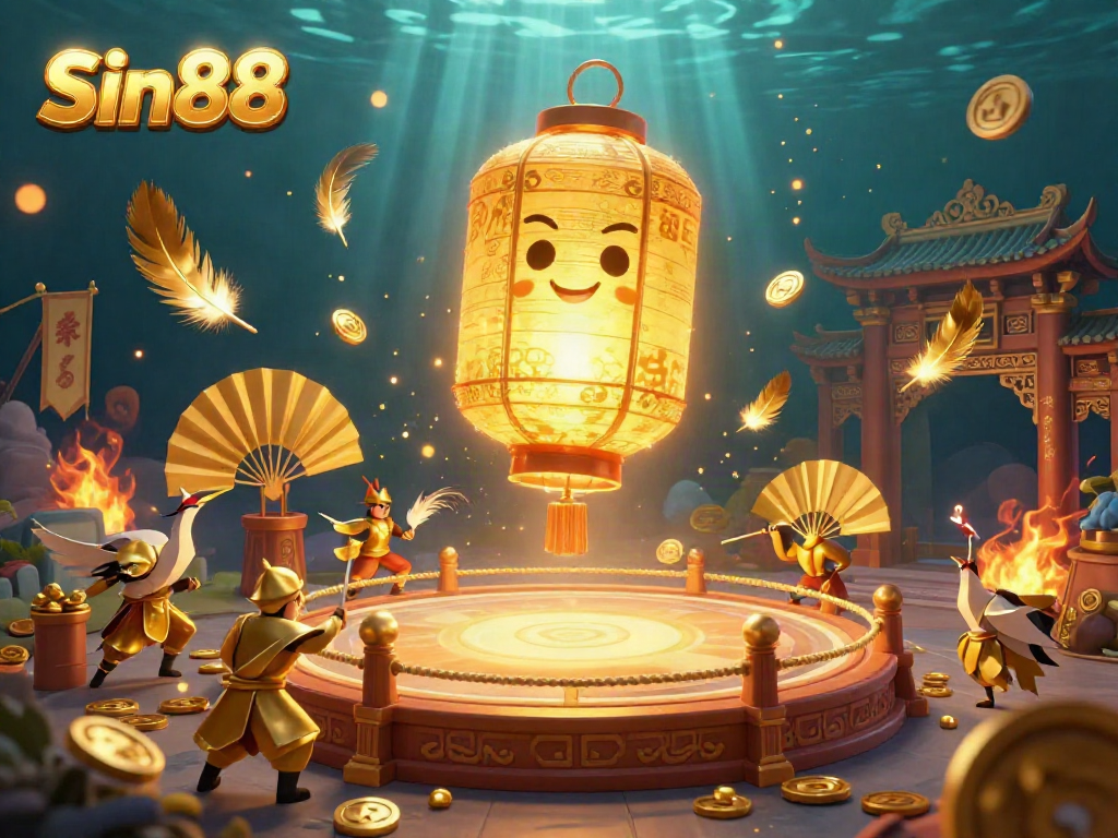 Engage with Sin88 in a vibrant casino scene featuring a glowing golden lantern spirit amidst golden warriors and countless rich gaming elements.