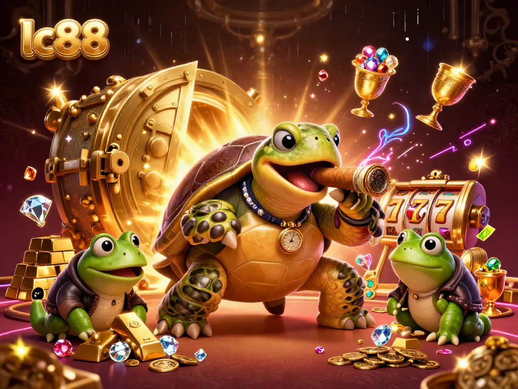 Engage with thrilling casino action at lc88 featuring a mobster turtle and bullfrog enforcers amid dazzling slot elements.