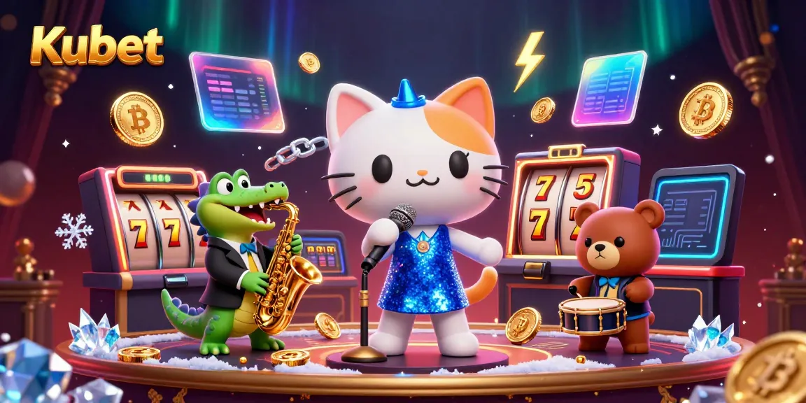 Engage with Kubet's vibrant gaming scene featuring a jazz-singer cat on stage amidst dynamic casino elements.