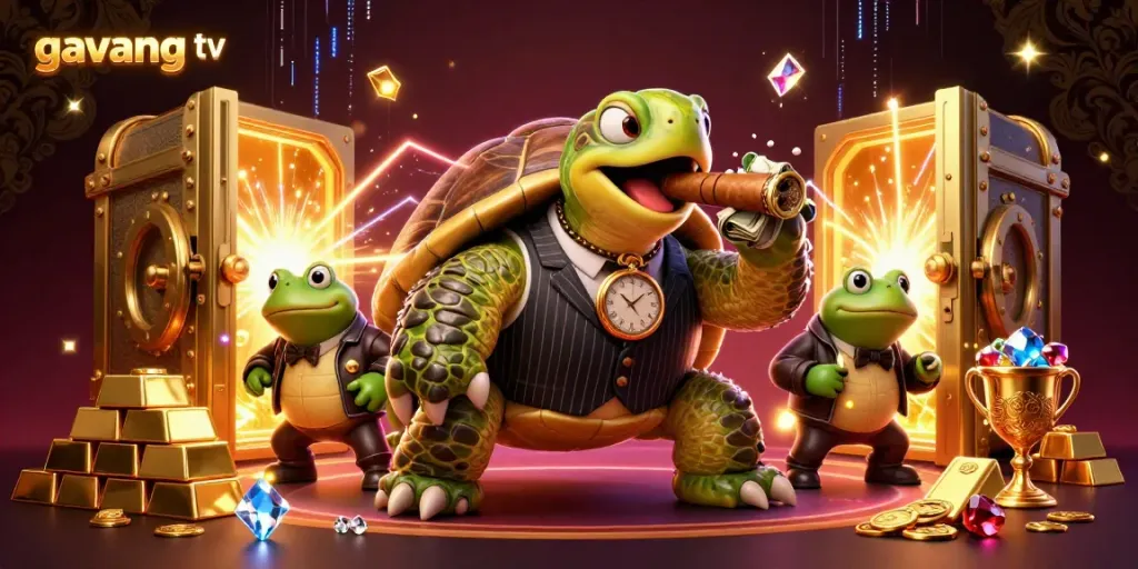 Join the excitement of Gavang TV casino with a snapping turtle mobster in vibrant action.