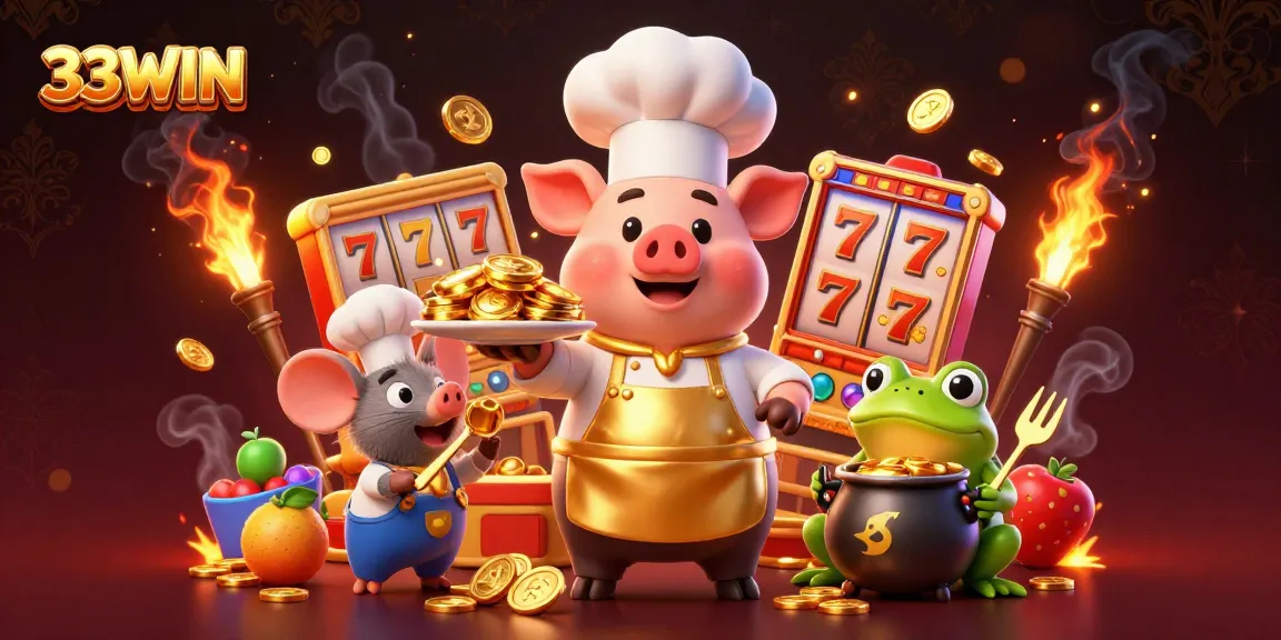 33WIN showcases a lively casino scene with cartoon characters and slot machine elements.