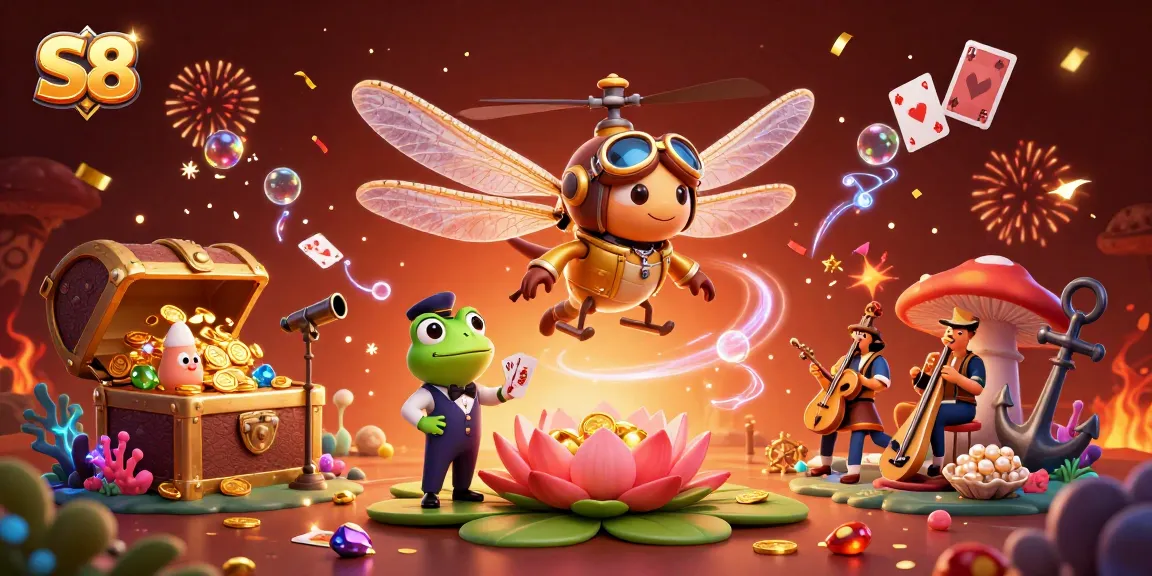 S8 casino experience featuring a lively dragonfly pilot, frog croupier, and jazz musicians, enhancing gameplay excitement.