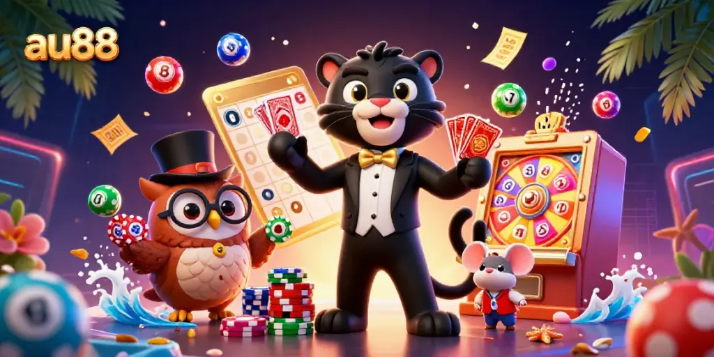 Engage with our au88 illustration featuring vibrant casino elements and characters in a lively gaming scene.