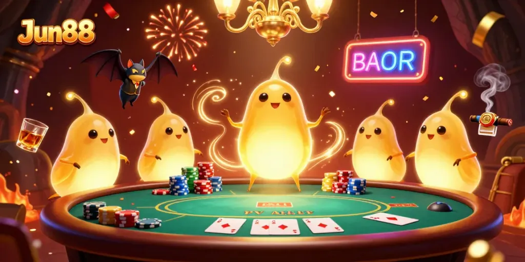 Experience the excitement of Jun88 casino with vibrant glowworms and a bat dealer in action.