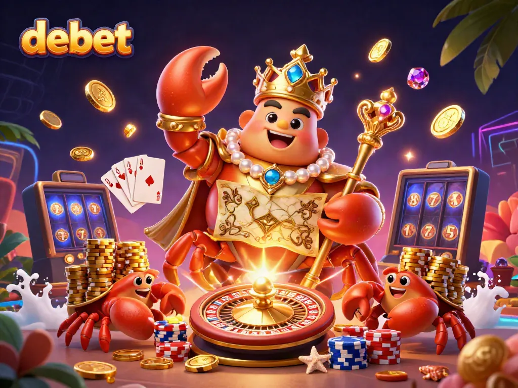 Engage with debet's thrilling casino experience featuring a golden crab emperor surrounded by treasures.