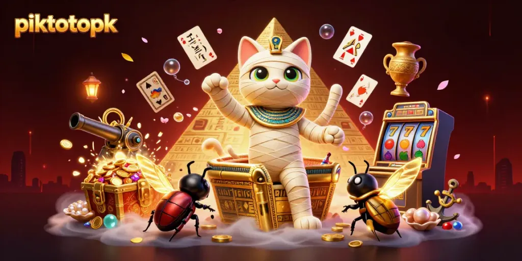 Experience the thrilling world of piktotoapk with a vibrant casino-themed 3D illustration showcasing fun characters and game elements.