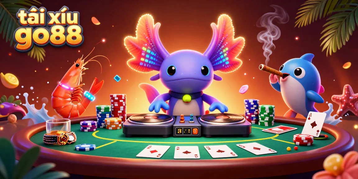 Tài xỉu go88 gameplay illustrated through vibrant axolotl DJ and animated shrimp dancers.