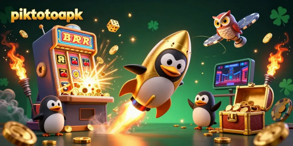 Piktotoapk's golden penguin rocket and slot machine create excitement in this vibrant casino scene.