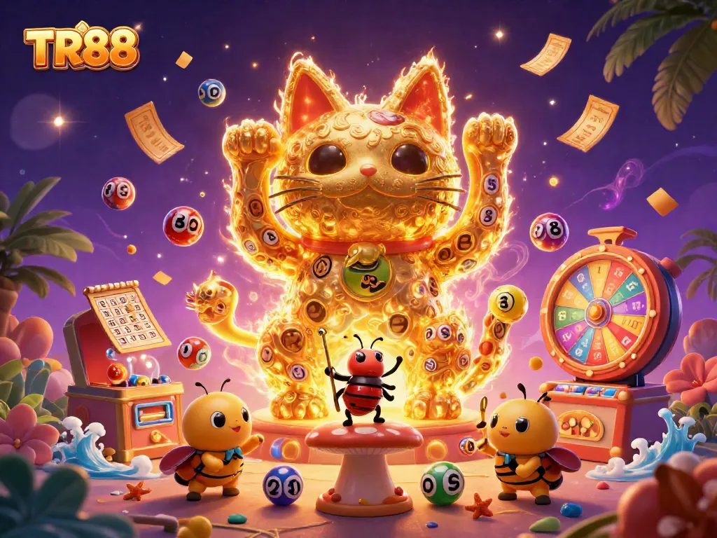Experience TR88's exciting gaming moments with dynamic casino symbols forming a lucky cat.
