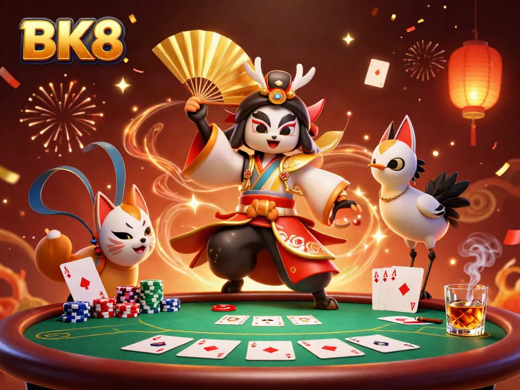 Experience the excitement of BK8 as a kabuki warrior crane and kitsune mask engage in a vibrant poker scene.