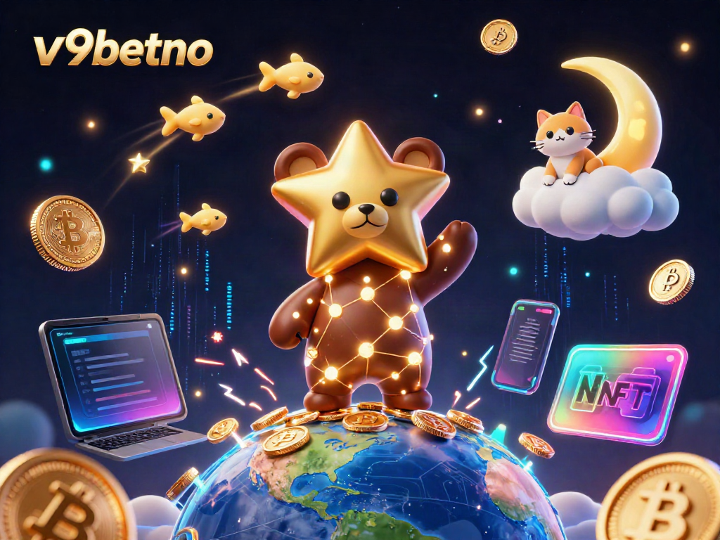 Experience the thrill of v9betno with a vibrant 3D illustration showcasing a constellation bear amidst glowing crypto symbols.