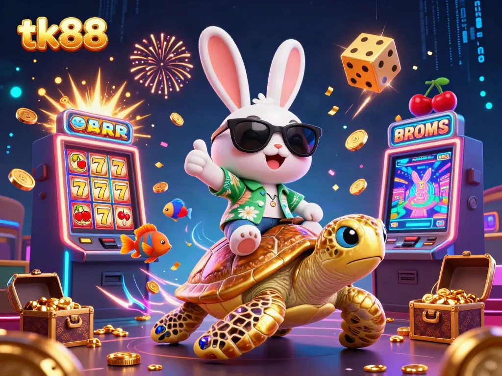 Experience thrilling wins at tk88 casino with animated lucky rabbit and golden sea turtle amidst vibrant slots and colorful fish.