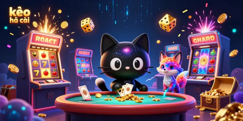 Experience thrilling gaming moments with kèo nhà cái as a cosmic black hole cat and colorful nebula fox animate the casino scene.
