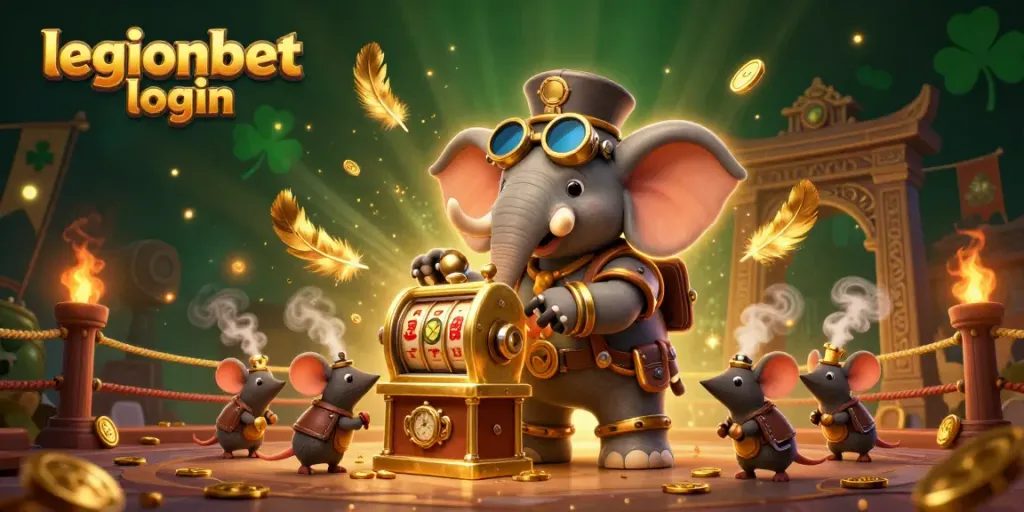 Spin the golden slot machine with legionbet login in this vibrant casino-themed 3D illustration.