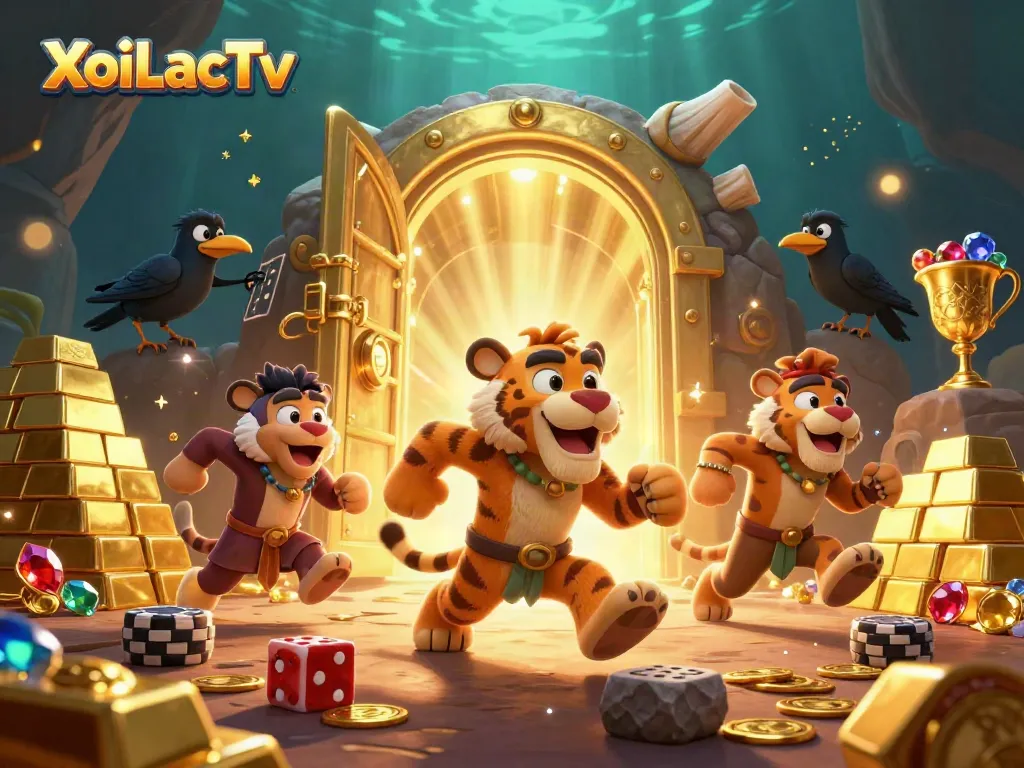 XoiLacTv brings excitement with a vibrant prehistoric casino scene featuring characters and treasures.